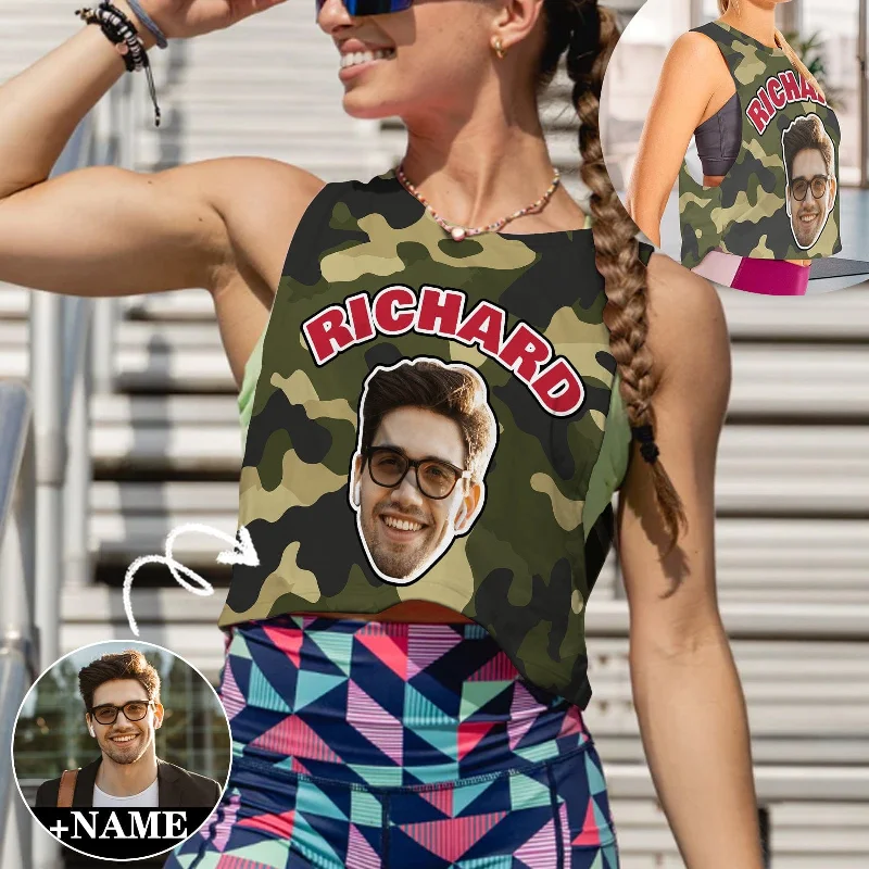 Custom Face&Name Camouflage Tank Top Personalized Women's Sleeveless Crop Sports Top Women's Workout Clothing