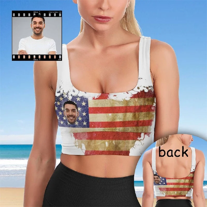 Custom Husband Face National Flag Sports Bra Personalized Women's All Over Print Yoga Sports Bra Elegant Women's Clothing Online