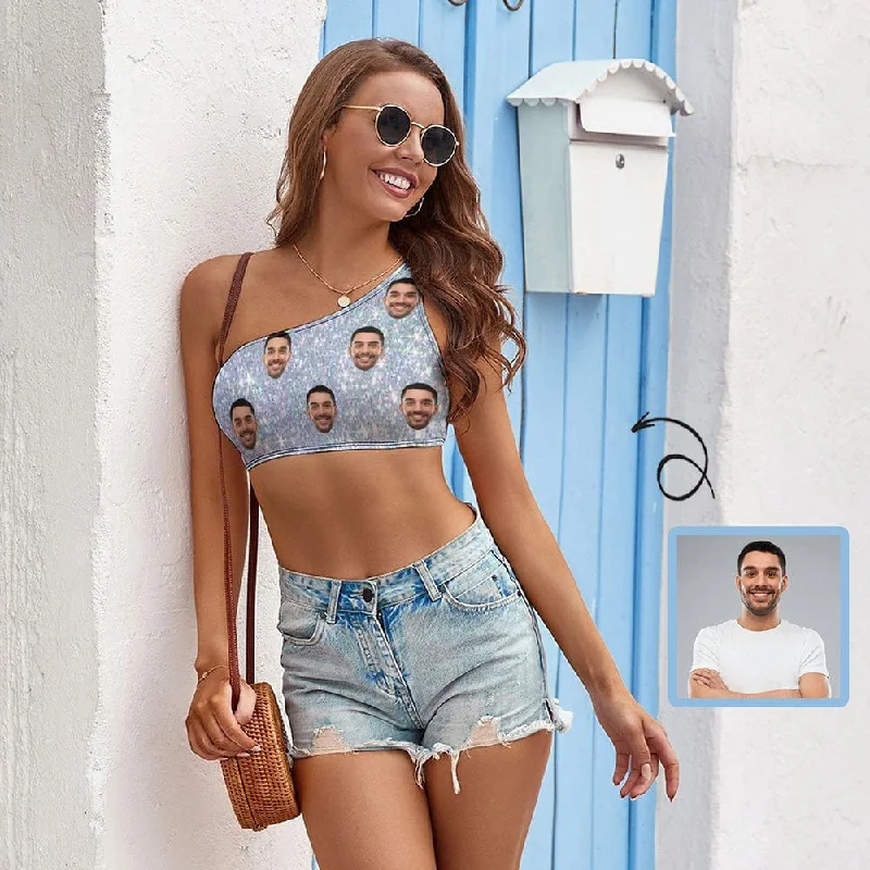 Design Husband Face Top Shiny Silvery Personalized Women's One-shoulder Crop Top Summer Beach Vest Women's Activewear Attire