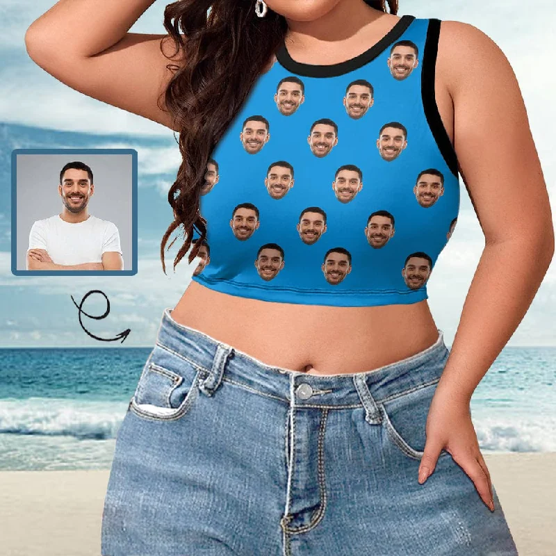 Custom Face Tank Top Blue Women's High Neck Crop Top Design Swimsuits Bustier for Female Women's Night-Out Outfit