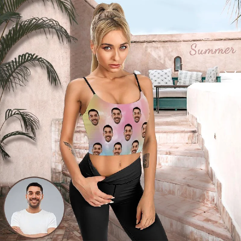 Personalized Face Tank Top Tie Dye Women's Crop Camisole Top (With Chest Pad) Comfy Women's Outfits for Daily Wear