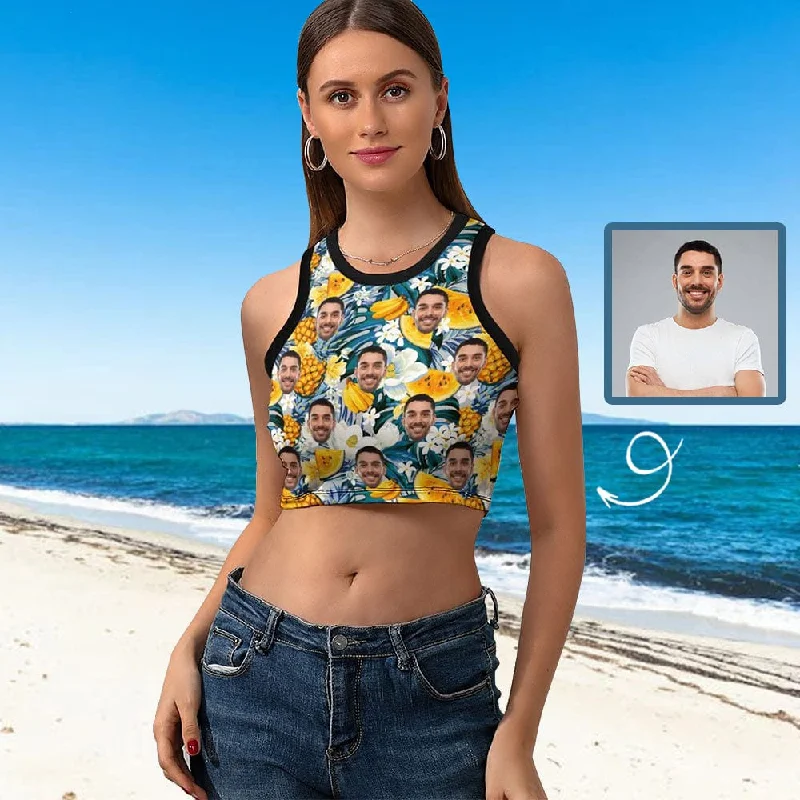 Print Your Face on Top Personalized Tropical Fruit Women's High Neck Crop Top Clearance Sale