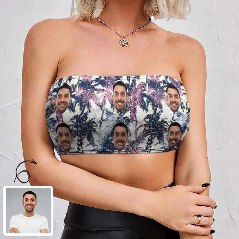 Print Your Face on Top Custom Tropical Leaves Tube Top for Her Women's Casual Outfit