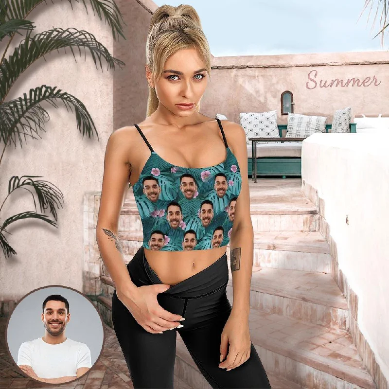 Custom Face Crop Tops Tropical Plants Leopard Women's Crop Camisole Top (With Chest Pad) Women's Activewear Garments