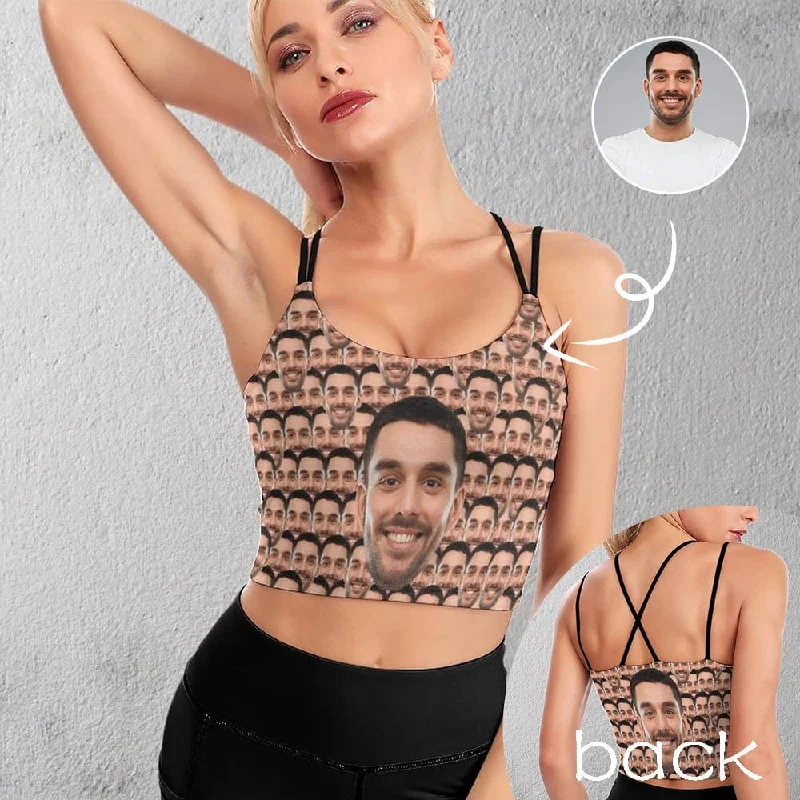 Custom Husband Face Seamless Tops Personalized Women's All Over Print Strappy Longline Yoga Sports Bra Stylish And Comfortable Clothing For Women