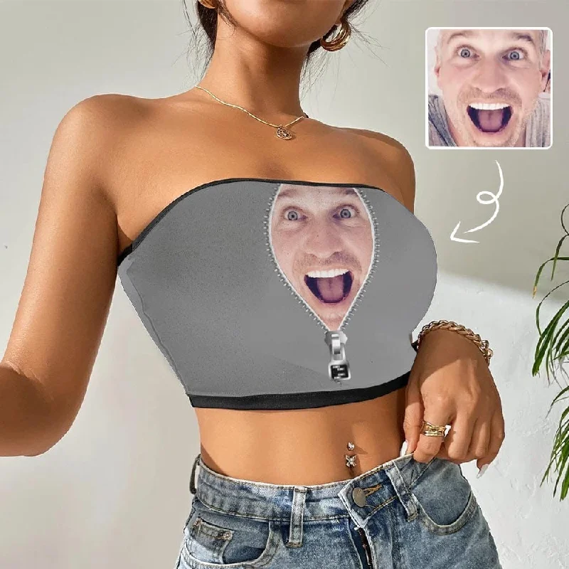 Custom Husband Face Zipper Grey Background Crop Top Personalized Women's Tube Top Chic Women's Garments