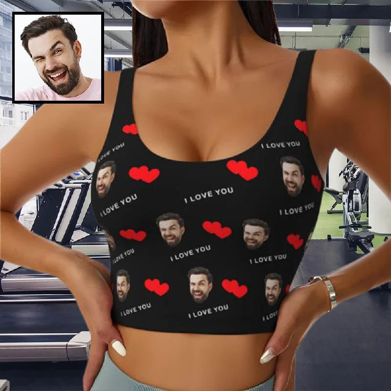 Custom Husband Face I Love You Red Heart Sports Bra Personalized Women's All Over Print Yoga Sports Bra Women's Trendy Apparel