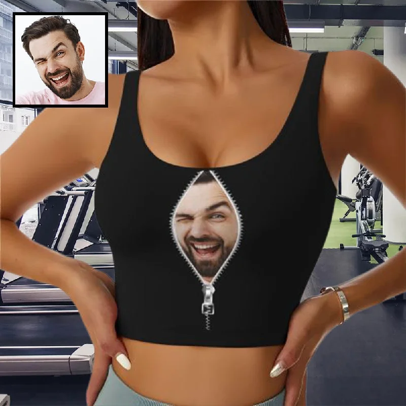 Custom Husband Face Zipper Black Background Sports Bra Personalized Women's All Over Print Yoga Sports Bra Women's Luxury Apparel