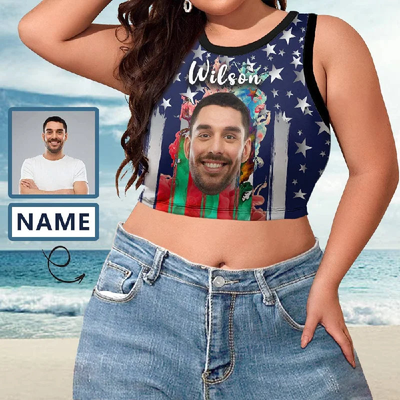 Custom Name&Face Colorful Flag Tops Women's High Neck Crop Top Swimsuits Bustier for Independence Day Women's Layered Outfit