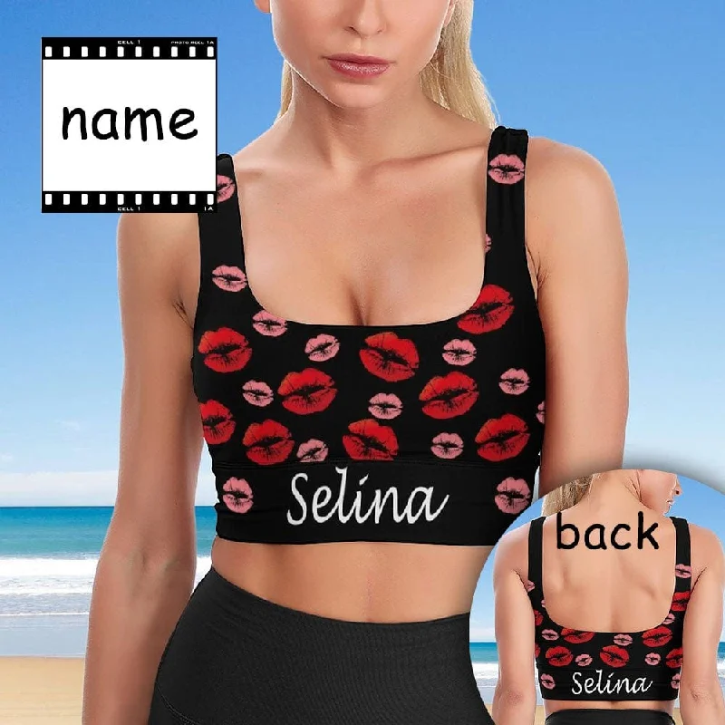 Custom Name Red Lips Black Background Sports Bra Personalized Women's All Over Print Yoga Sports Bra Fashionable Dresses for Women