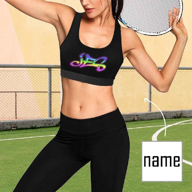 Custom Name Black Background Sports Bra Personalized Women's All Over Print Yoga Sports Bra Women's Online Clothing Boutique