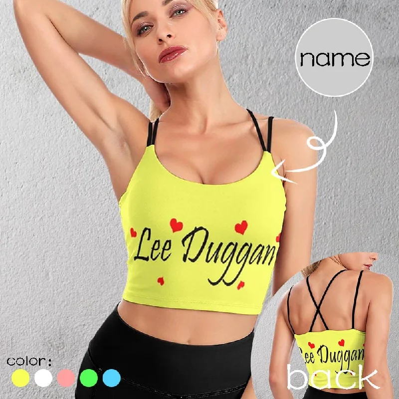 Custom Name Red Heart Tops Personalized Women's All Over Print Strappy Longline Yoga Sports Bra Best Online Women's Boutiques