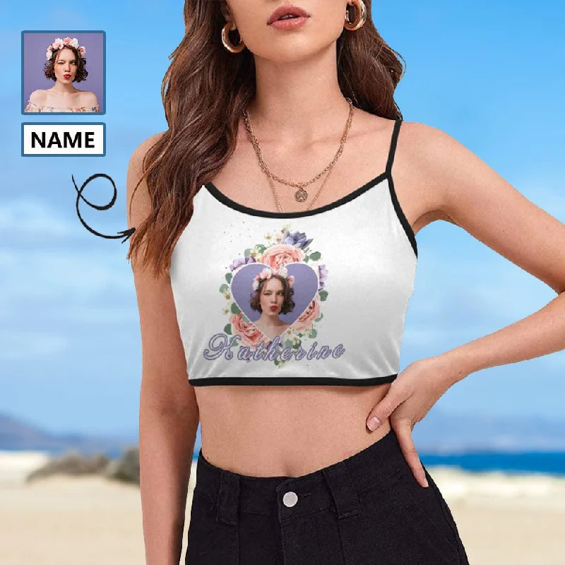 Custom Photo&Name Tank Tops Beautiful Flower Personalized Women's Spaghetti Strap Crop Top Women's Chic Outerwear Attire