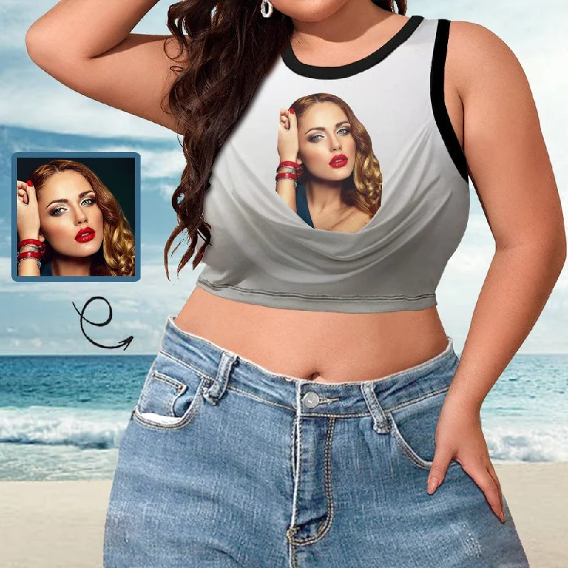 Custom Photo Tank Top Personalized Wrinkle Women's High Neck Crop Top with Pictures Timeless Women's Outfit