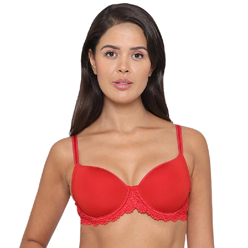 Embrace Lace Contour Padded Wired 3/4th Cup Everyday Wear Medium coverage T-Shirt Bra - Red Women's Travel Outfit Set